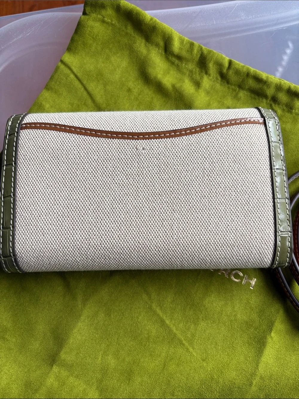 Tory Burch Thea Flat Wallet Crossbody Canvas Green Croc-embossed leather trim - Picture 3 of 16